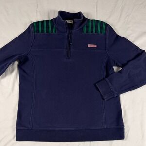 Vineyard Vines Kids Navy Blue Quarter Zip Pullover Plaid Shoulder Patches Size M